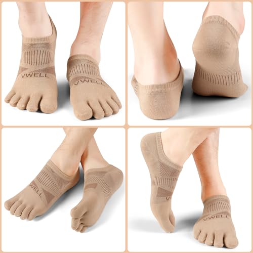 VWELL No Show Toe Socks for Men Women COOLMAX Five Finger Socks Athletic Running Ankle Low Cut 5 Toe Socks (3Pairs) - color: Light Brown, size: Medium