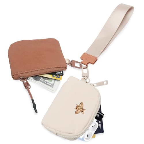 COOLANS Mini Wristlet Wallets Dual Pouch,Around Wristlet Handbag Wallet for Women Zip Cards Holder,Wristlet Bracelet Purse - color: Brown&white