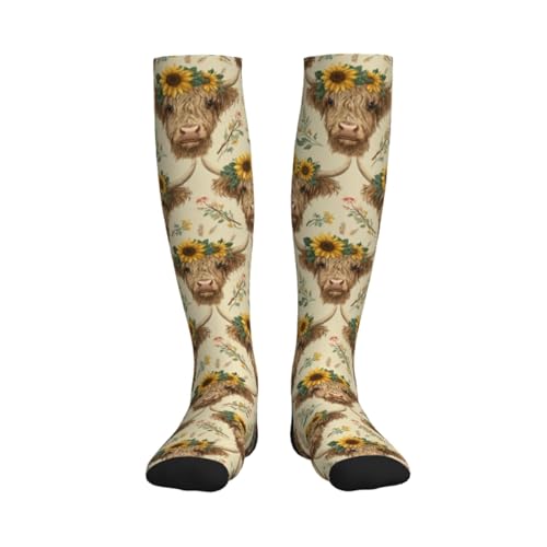 Cute Compression Socks Knee High Support Stockings Women Men - color: Highland Cows Sunflowers