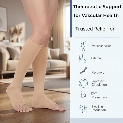 MGANG Plus Size Medical Compression Stockings for Women & Men, Open Toe - color: Knee High Open Toe Beige, size: 4X-Large
