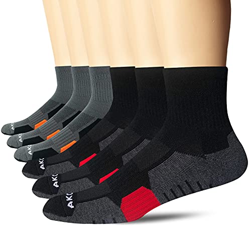 AKOENY Men's Athletic Quarter Socks 6-Pack - color: Black/Graphite Grey