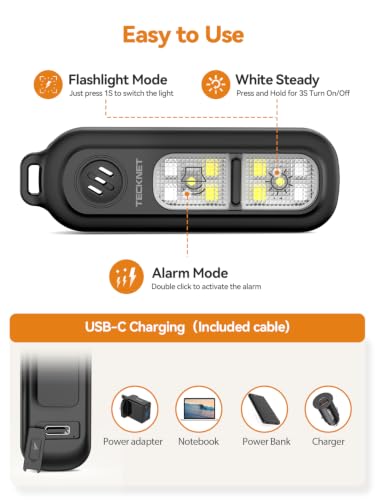TECKNET Clip-On Personal Alarm with LED Light, USB-C Rechargeable, Black - color: Black
