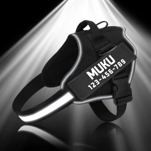 MUMUPET Custom Dog Harness with 2 Personalized Name & Phone Patches - color: Black-Custom, size: X-Small