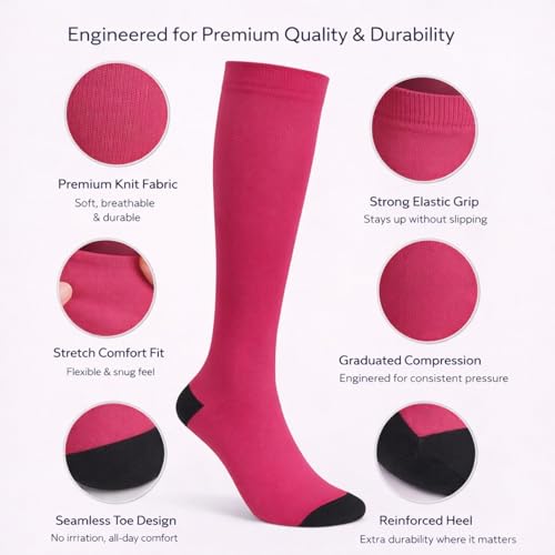 Diamond Star 6 Pairs Compression Socks for Men & Women, Knee High Socks - color: 6 Pairs Magenta