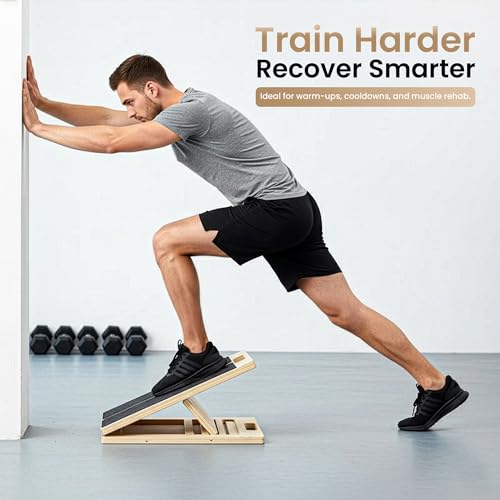 Calf Stretch Board - Incline Board, Slant Boards for Exercise, Squats Calf Stretcher, 300lbs Wooden Incline Wedge, Stretcher for Squats with Loop Band & 2 Sand Papers, Calf-Stretch Boards for Knees