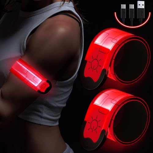 Simket LED Armband Rechargeable for Running(2 Pack), Running Lights for Runners, Running Lights, High Visibility Reflective Running Gear Adjustable Light Up Arm Bands for Men Women Kids - color: red