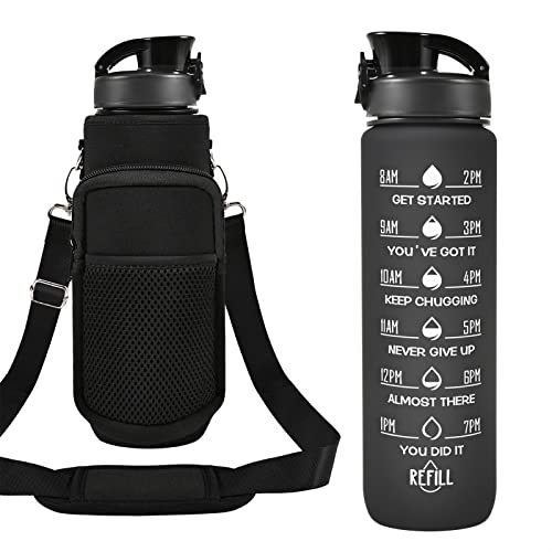 32 oz Water Bottles with Strap & Straw, Sport Motivational Water Bottles - color: Dark Black