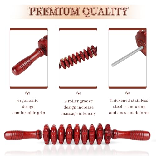 Liitrton Manual Wooden Massage Roller Stick for Muscle Relief, Red - size: 9-Wheel-Red