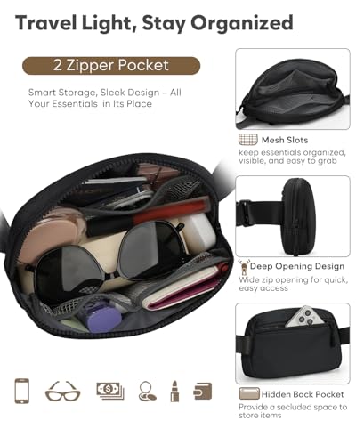 Pritent Fanny Packs for Women Crossbody Belt Bag With Zipper Back Pocket - color: Black, size: Large