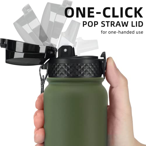 Fanhaw 20oz Kids Stainless Steel Water Bottle with Straw Lid, Olive Green - color: Olive Green, style: 20 Ounces