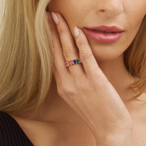 Barzel Eternity Rainbow Ring Wedding Band for Women | 18K Gold Plated Emerald-Cut Rainbow Multi Color Created-Gemstone Eternity Ring - color: Gold