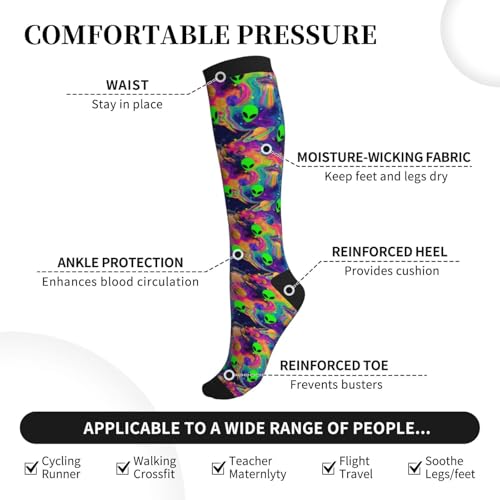 Compression Socks Women Knee High Support Circulation Stockings for Running Cycling Flying - color: Alien