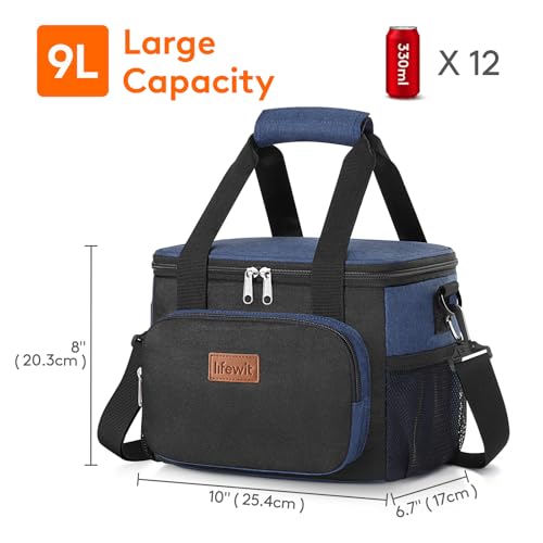 Lifewit Medium Lunch Bag, Insulated Lunch Box, Soft Cooler Cooling Tote for Adult Men Women, Black and Green 12-Can (9L) - color: Black/Blue, size: Medium(9L)