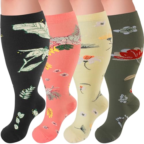 4 Pairs Plus Size Compression Socks,Extra Wide Calf 20-30 mmHg Knee High Compression Socks for Men Women Circulation - color: 05-brown Leaves, size: XX-Large