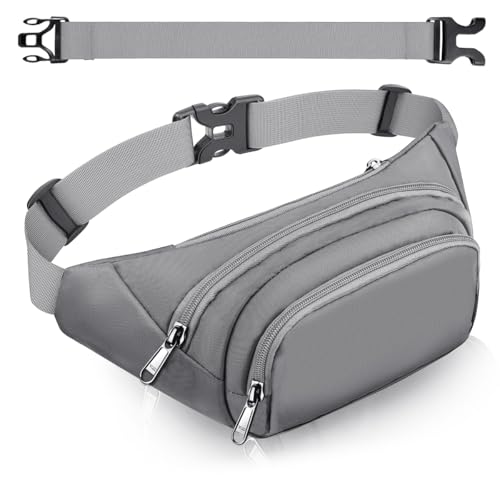 Large Fanny Pack for Women Men - Syican Waist bag with 3-Zipper Pockets - color: Gray+Extended Belt