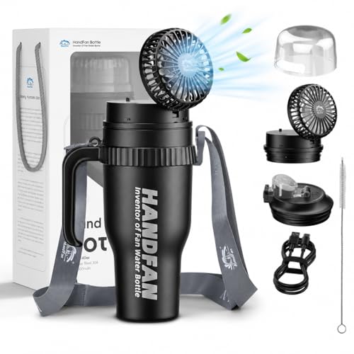 HandFan 40oz Tumbler with Handle, Cooling Water Bottle with Fan - color: Black