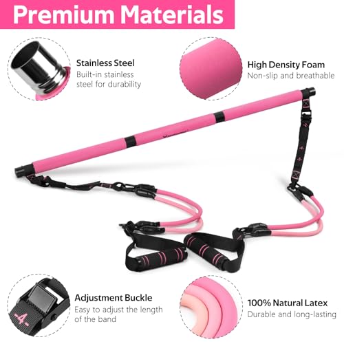 Pilates Bar Kit with Resistance Bands, Pilates Workout Equipment for Women - color: Pink