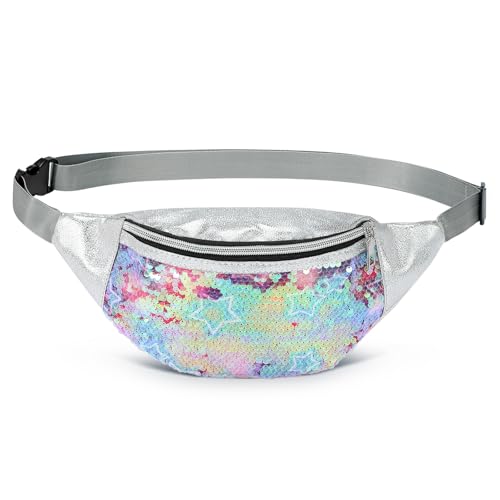 Holographic Sequined Fanny Packs for Women, Waist Belt Bag Fashion, Crossbody Bum Bag for Running, Sky Blue - color: Colorful Red