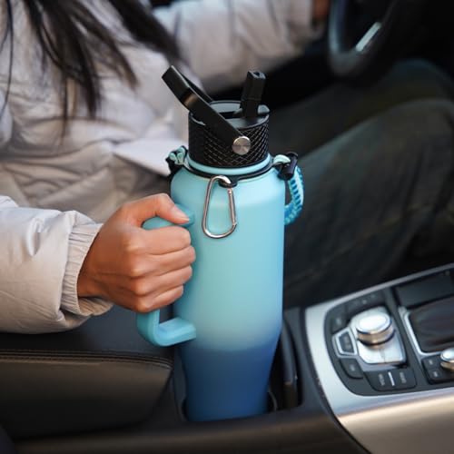 BJPKPK 35oz Insulated Water Bottle with Handle & Straw Lid, Stainless Steel - color: Sky, style: 35oz-Side Handle