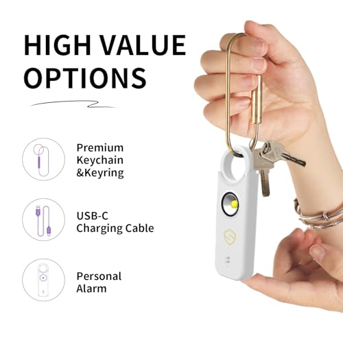Personal Alarm for Women, Men, Kids, Elderly, Self Defense - Designed by Women 140DB Extra Speakers Alarm with Strobe Light, Rechargeable, Safety Alarms and Premium Keychain (Pure White) - color: Pure White