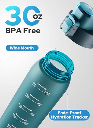 Opard Zip 30oz Plastic Water Bottle Dishwasher Safe, Leakproof Flip-Top Lid, BPA Free Tritan, Wide Mouth Reusable Sports Water Bottle for Gym Hiking Commuting Outdoor Travel and School - color: Peacock Blue, style: 30 Ounces