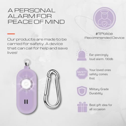 Rechargeable Personal Safety Alarm for Women. 130dB Siren. Ear-Piercingly Loud w/ Flashing LED Strobe Light Siren Keychain - color: Lavender