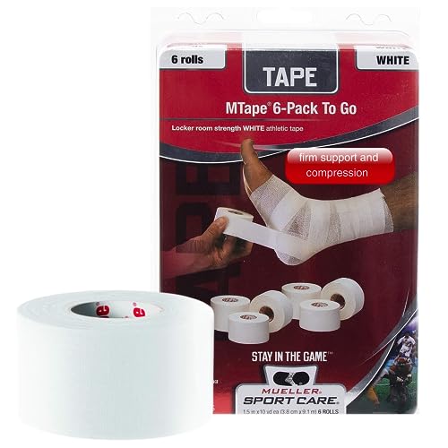 Mueller Sports Medicine MTape Rolls to Go, Quality Athletic Tape, Easy to Tear for Fast & Effective Taping, 1.5" x 10 Yards Per Roll, 6 Rolls - color: White