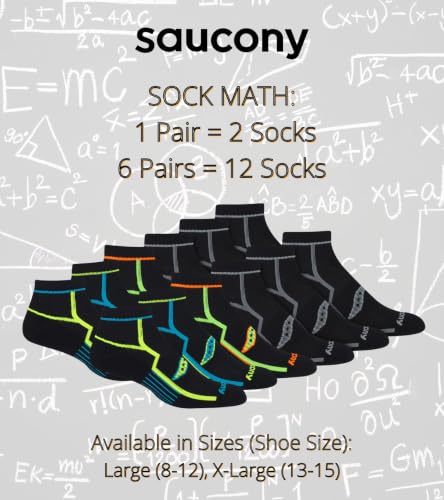 Saucony Men's RunDry Bolt Performance Quarter Socks, Available in L-XL (6, 12 Pairs) - color: Black (6 Pairs), size: X-Large