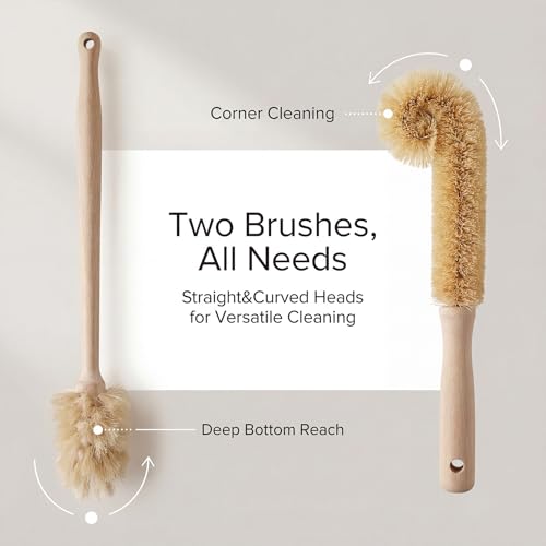 2-Piece Wooden Bottle Brush Set - Includes Tapered Cup Brush & L-Shape Coconut Scrubber - Beech Wood Cleaning Kit for Water Bottles, Glassware & Vases - size: 2 Piece Set - Tapered + L-Shape