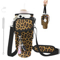 Water Bottle Carrier Bag for Stanley Cup 40/30oz, Neoprene Water Bottle Holder Pouch with 3 Pocket Adjustable Shoulder & Hand Strap - color: Brown Leopard Print