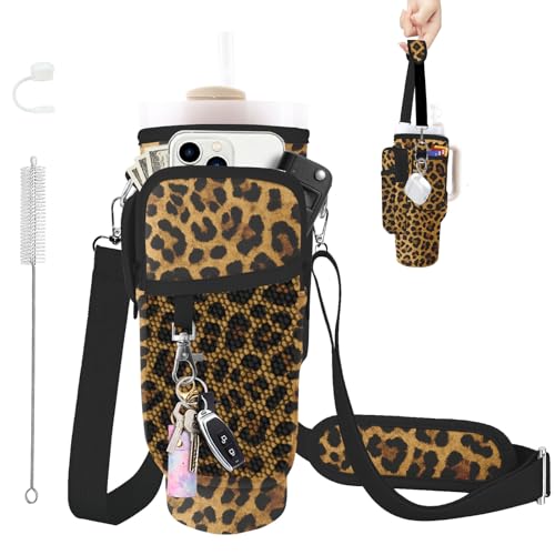 Water Bottle Carrier Bag for Stanley Cup 40/30oz, Neoprene Water Bottle Holder Pouch with 3 Pocket Adjustable Shoulder & Hand Strap - color: Brown Leopard Print