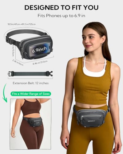 WATERFLY Small RFID Fanny Pack: 1.5L Waist Bag 12" Extender Belt for Hiking - color: Dark Grey