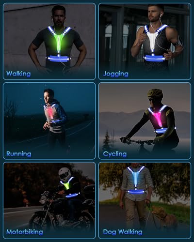 Fitense LED Reflective Running Vest with Phone Holder, Rechargeable 5 Colors Light Up Running Lights for Runners High Visibility Night Safety Gear, Adjustable for Men Women