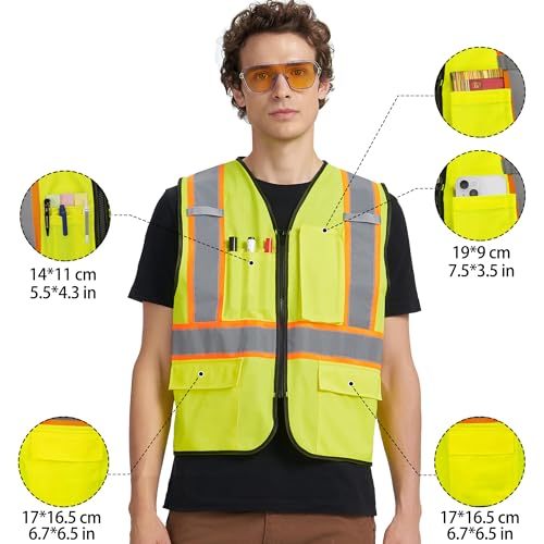 A-KSAFETY High Visibility Safety Vest for Men Women with Pockets and Zipper - color: Yellow, size: 7X-Large