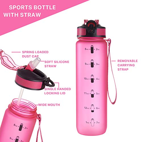 EYQ 32oz Water Bottle with Straw, Sports Bottle with Time Marker - color: R