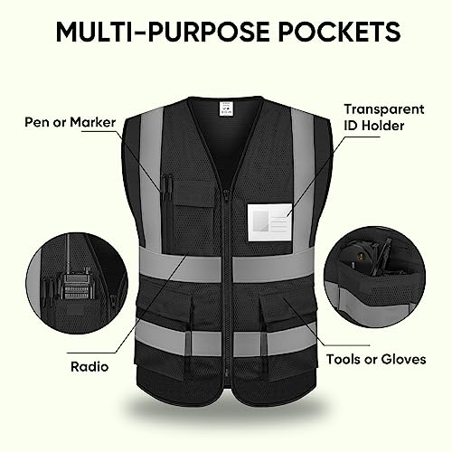 TICONN High Visibility Reflective Safety Vest for Men & Women, ANSI Class 2 - color: Black, size: Large