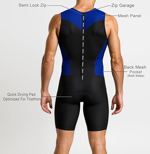 Wixen Men's Performance Triathlon Suit Sleeveless Tri Suit Padded Quick Dry Run Swim Bike - color: Blue, size: Medium