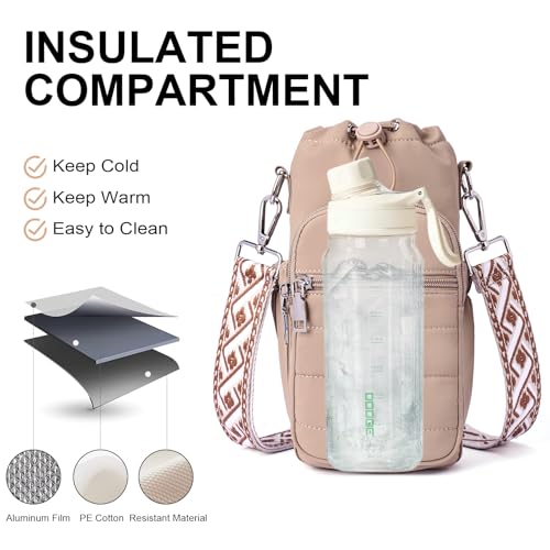 Water Bottle Bag 40 oz Crossbody Holder for Walking Hiking Insulated Carrier Purse with Adjustable Strap - color: Khaki