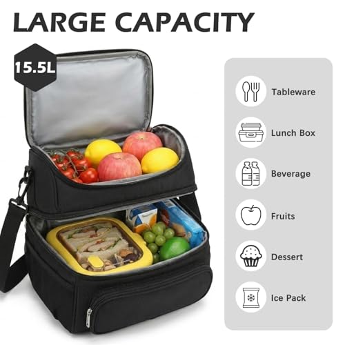 FlowFly Double Layer Cooler Insulated Lunch Bag Adult Lunch Box Large Tote Bag for Men, Women, With Adjustable Strap,Front Pocket and Dual Large Mesh Side Pockets - color: Black