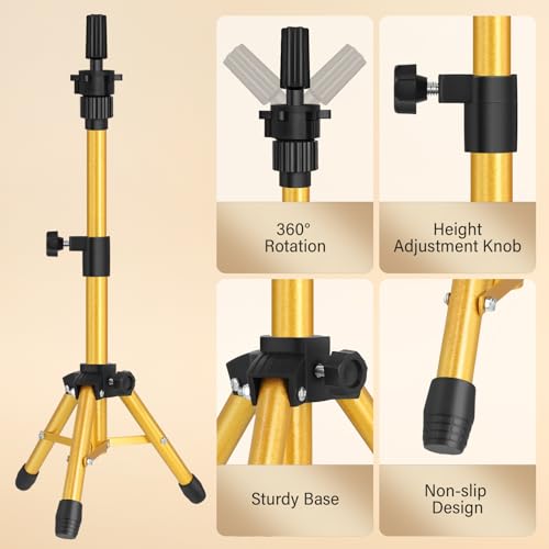 ZQIAN BEAUTY Wig Stand Tripod, 25 Inch Adjustable Mannequin Head Stand, Wig Head Stand for Training Heads And Canvas Block Head (Golden, Mannequin Head Not Included) - color: Golden, size: 25 Inch