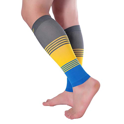 Doc Miller Calf Compression Sleeve 20-30 mmHg for Men & Women, 1 Pair - color: GrayYellowBlue, size: Small