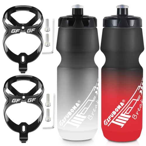 Bike Water Bottle 24oz Squeeze Leakproof Road Cycling Bottles with Cages - color: Black/White+Black/Red, size: 2‑Pack with Cages