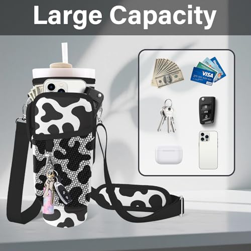 Water Bottle Carrier Bag for Stanley Cup 40/30oz, Neoprene Water Bottle Holder Pouch with 3 Pocket Adjustable Shoulder & Hand Strap - color: Cute Cow Print