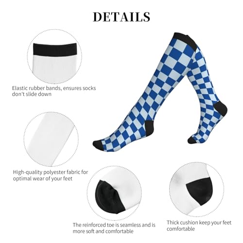 Patterned Knee High Socks for Women Men Athletic Running Travel Work - color: Blue & White Checkerboard