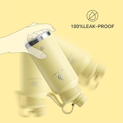 IDEUS Insulated Stainless Steel Water Bottle with 2 Leak-Proof Lids, Thermal Water Flask for Hiking Biking, 32oz, Light Yellow - color: Light Yellow, size: 32 Ounces