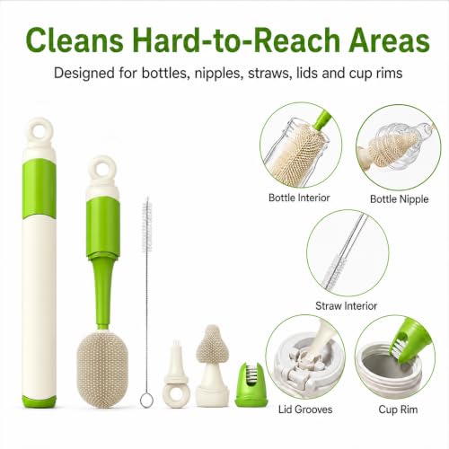 Baby Bottle Brush Set, 5 Cleaning Tools, Integrated Travel Storage, Green - color: Green & White