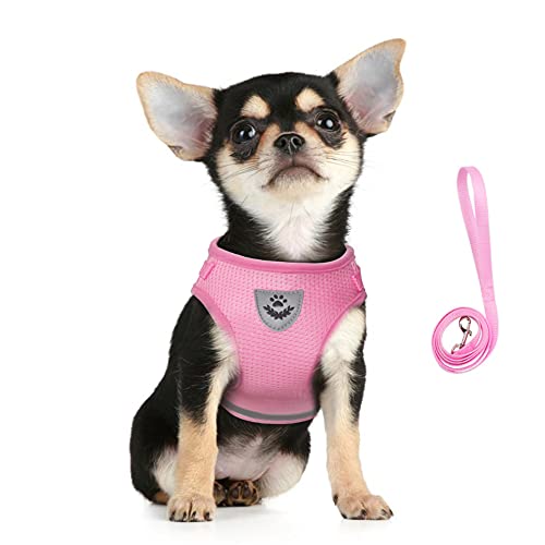 FEimaX Dog Harness and Leash Set for Walking, Soft Mesh Adjustable Easy Control Lightweight Cat Vest Harnesses with Reflective Strips, Escape Proof Small Dogs Cats Vests (Pink, Small) - color: Pink, size: Small