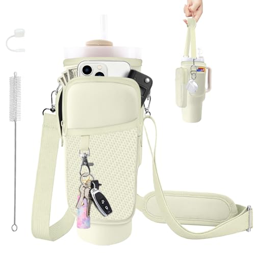 Water Bottle Carrier Bag for Stanley Cup 40/30oz, Neoprene Water Bottle Holder Pouch with 3 Pocket Adjustable Shoulder & Hand Strap - color: Off White