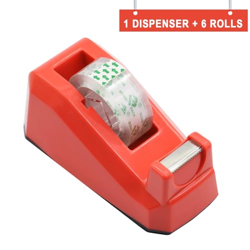 BOMEI PACK Tape Dispensers Desk, 1 Pack Red with 6Rolls Transparent Tape Refills, 1 Inch Core, for Gift Wrapping, School, Office and Home