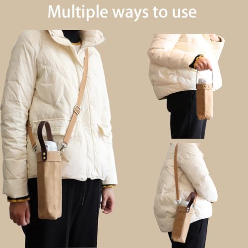 Water Bottle Carrier with Strap,Washed kraft Paper Water Cup Sleeve for 17/20oz Insulated Water Bottle,for Walking Hiking Camping Gym - color: Khaki-11.8inches high